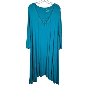Boutique+ Blue Stretch Knit Lace Up 3/4 Sleeve Swing Short Dress Plus Size 1X